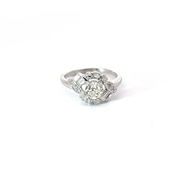 18k White Gold .75ct F SI1 Antique Cushion /.25ct F VS2 Baguette /.20ct Round Single Cut Diamond Vintage Ring