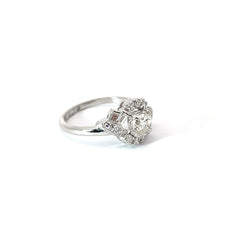 18k White Gold .75ct F SI1 Antique Cushion /.25ct F VS2 Baguette /.20ct Round Single Cut Diamond Vintage Ring