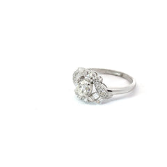 18k White Gold .75ct F SI1 Antique Cushion /.25ct F VS2 Baguette /.20ct Round Single Cut Diamond Vintage Ring