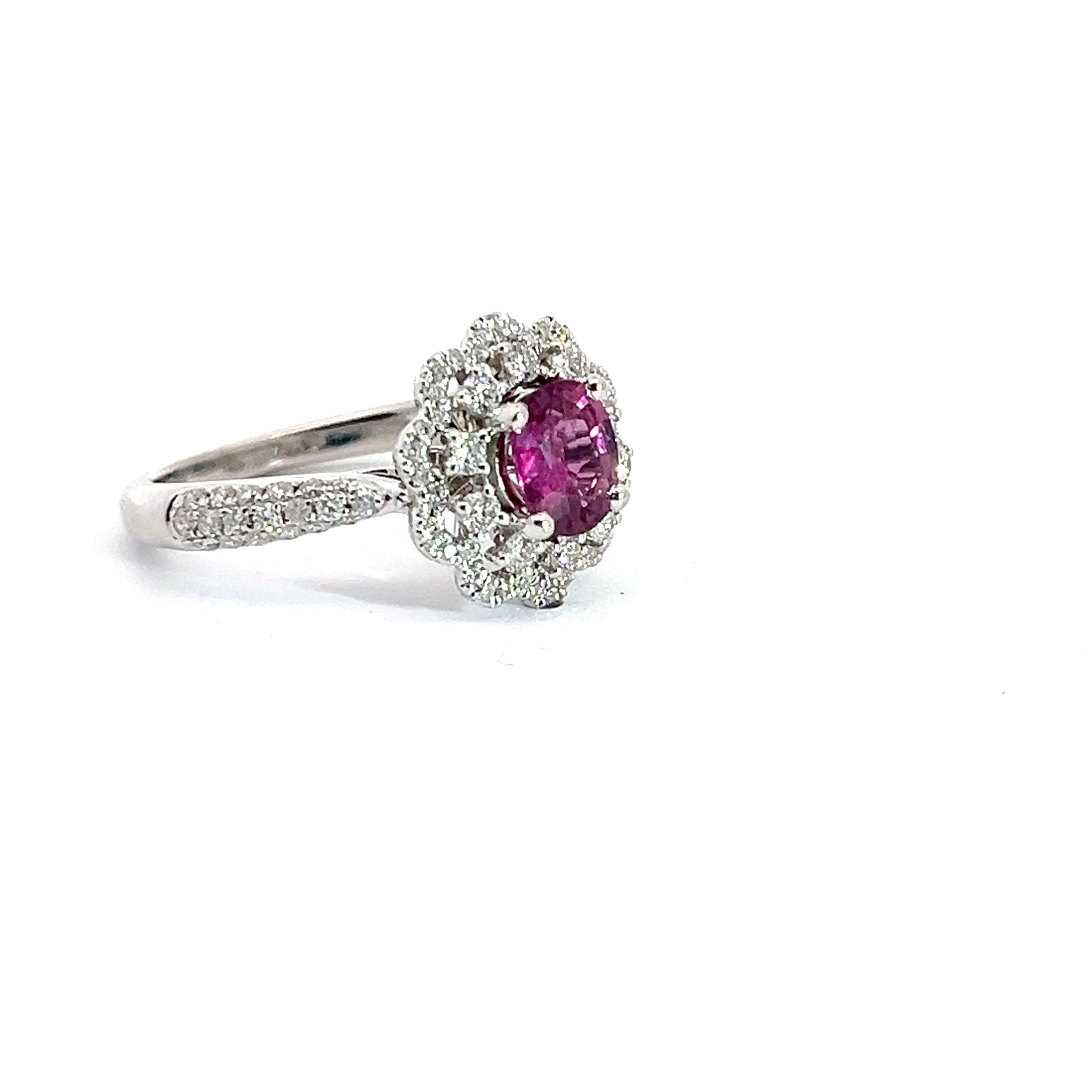 14k White Gold .85ct Round Burma Ruby / .75ct G VS2 Round Diamond Flower Design Ring