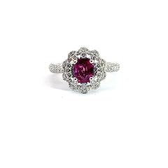 14k White Gold .85ct Round Burma Ruby / .75ct G VS2 Round Diamond Flower Design Ring