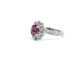 14k White Gold .85ct Round Burma Ruby / .75ct G VS2 Round Diamond Flower Design Ring