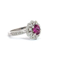 14k White Gold .85ct Round Burma Ruby / .75ct G VS2 Round Diamond Flower Design Ring