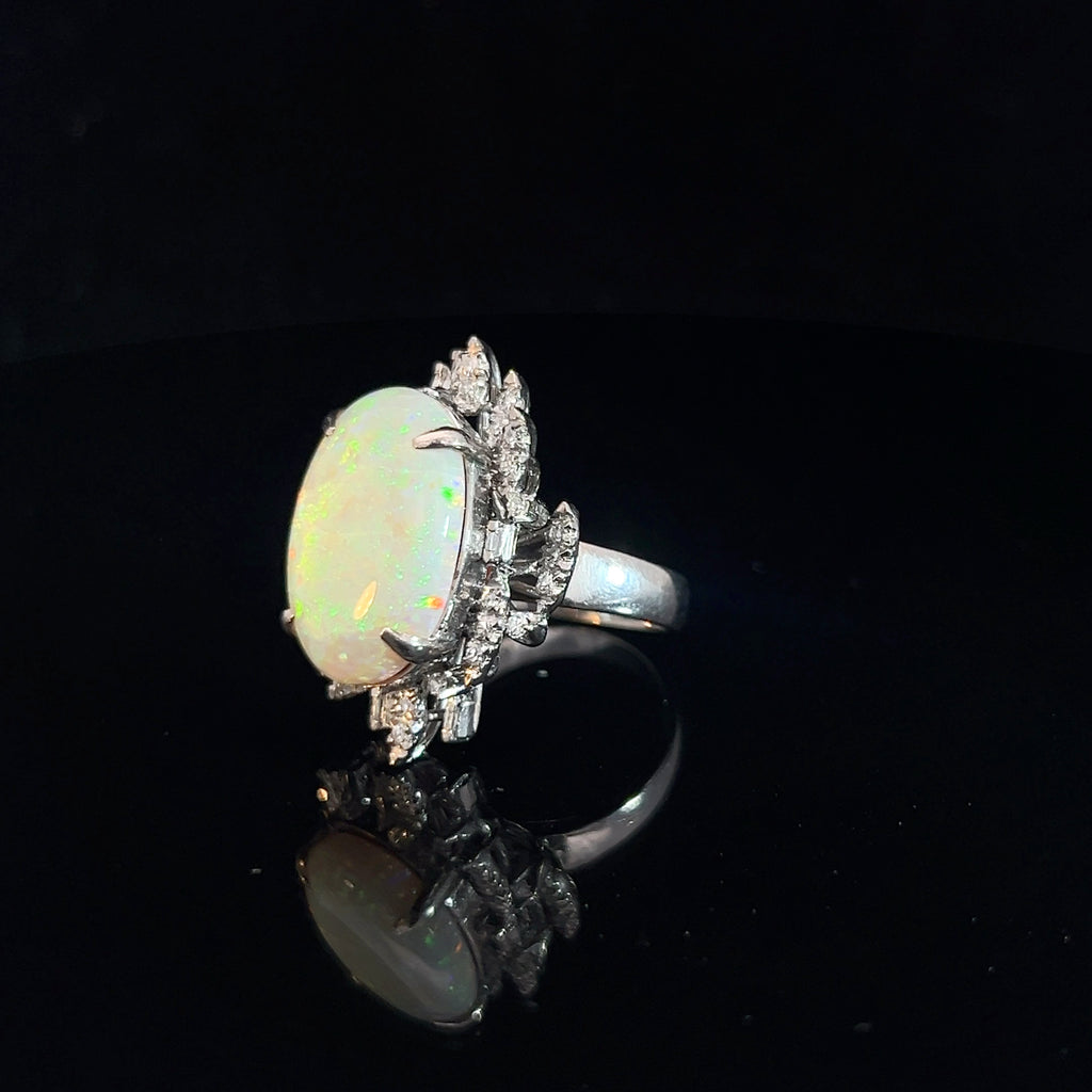 18k White Gold Vintage Natural Opal Oval Cabochon 18.3x12.3/.75ct G VS2 Round and Baguette Total Weight Diamond Ring Size 6