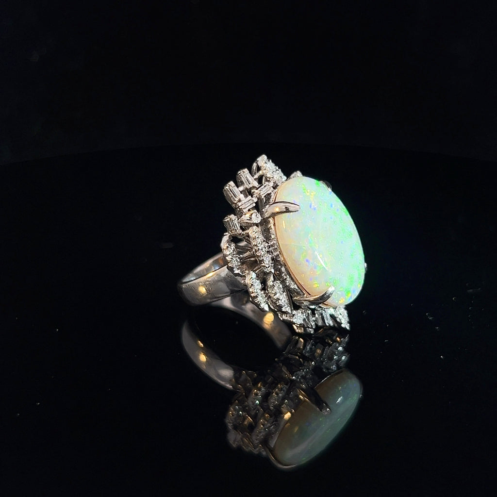 18k White Gold Vintage Natural Opal Oval Cabochon 18.3x12.3/.75ct G VS2 Round and Baguette Total Weight Diamond Ring Size 6