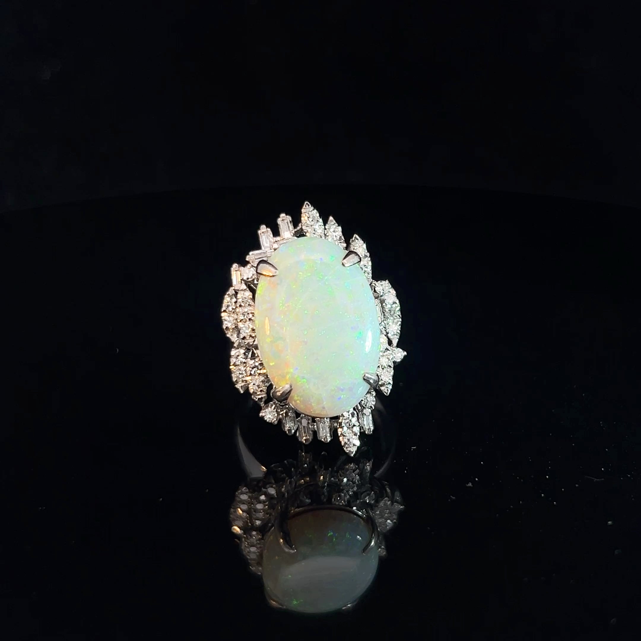 18k White Gold Vintage Natural Opal Oval Cabochon 18.3x12.3/.75ct G VS2 Round and Baguette Total Weight Diamond Ring Size 6