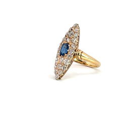 14k Yellow Gold 3.00ct VS2 Round Diamond and 1.00ct Blue Sapphire Oval Shaped Antique Marquise Shape Sapphire and Old European Cut Diamond Ring