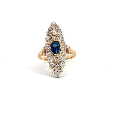 14k Yellow Gold 3.00ct VS2 Round Diamond and 1.00ct Blue Sapphire Oval Shaped Antique Marquise Shape Sapphire and Old European Cut Diamond Ring