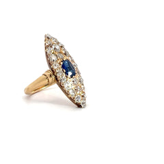 14k Yellow Gold 3.00ct VS2 Round Diamond and 1.00ct Blue Sapphire Oval Shaped Antique Marquise Shape Sapphire and Old European Cut Diamond Ring