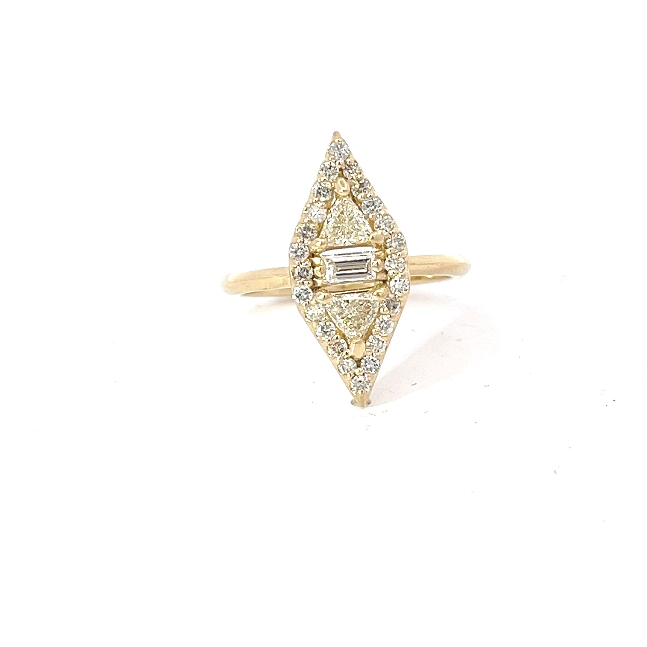 14k Gold .50ct Trillion/.15ct Baguette/.35ct Round Diamond Vertical Geometrical Fashion Ring Size 6.5