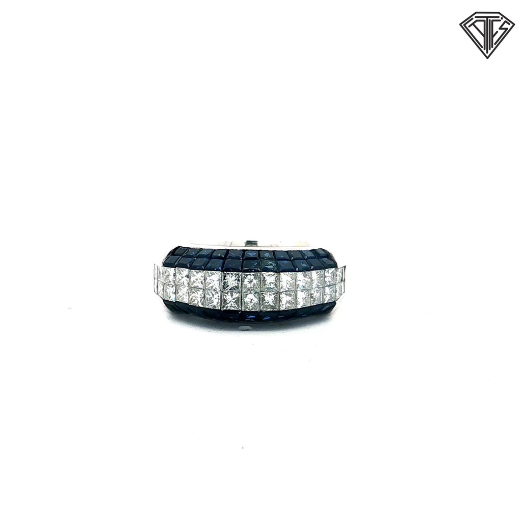 18k White Gold 1.50ct F VS2 Princess Cut / 2.00ct Blue Sapphire Princess Cut Invisible Set Men Ring Size 8