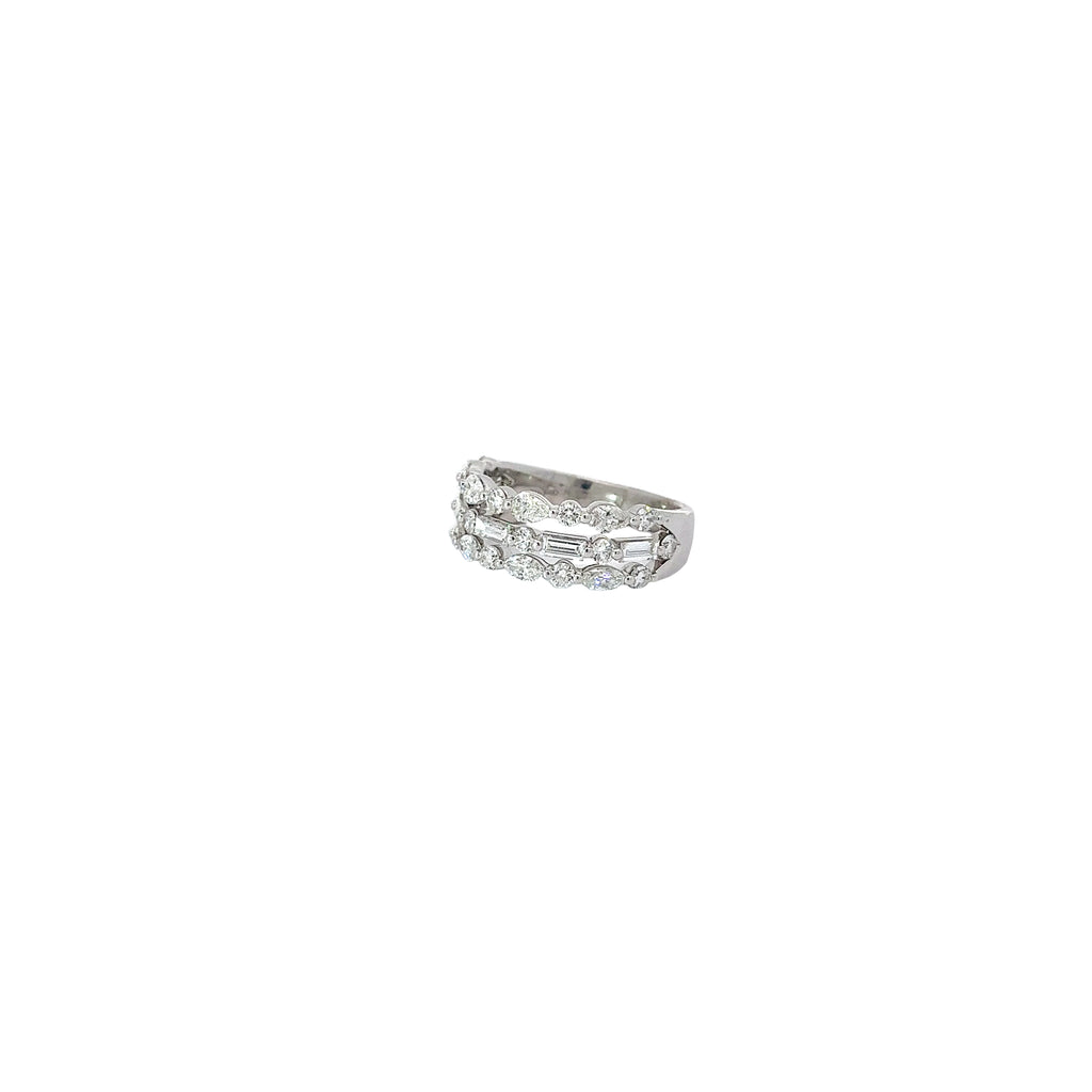 14k White Gold 2.50ct  FVS2 Marquise, Pear Shape , Baguette and Round 3 Row Multiple Shape  Diamond Ring