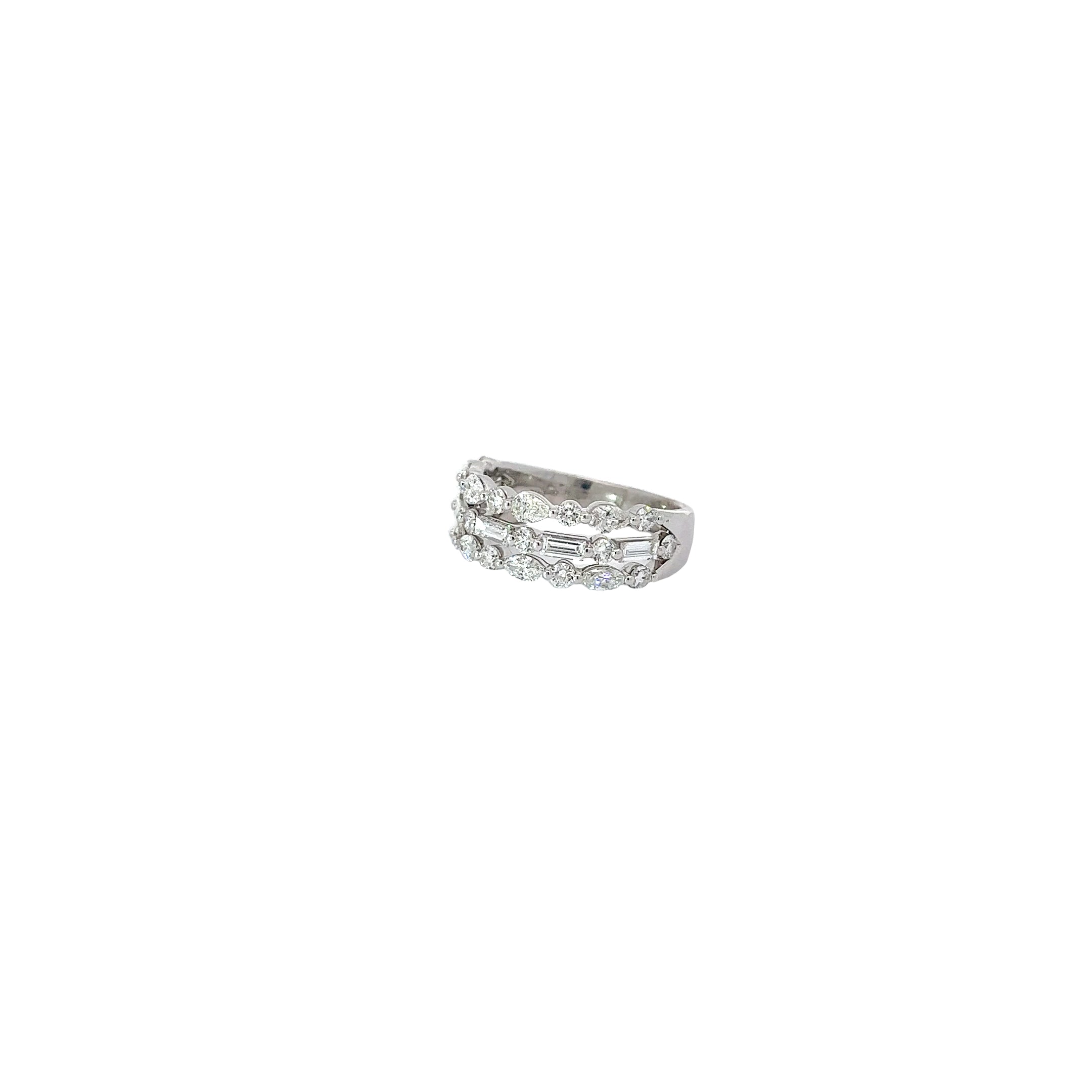 14k White Gold 2.50ct  FVS2 Marquise, Pear Shape , Baguette and Round 3 Row Multiple Shape  Diamond Ring