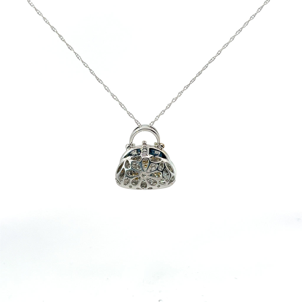 14k White Gold .29ct G SI1 Round Diamond and .20ct Yellow Diamond Purse Necklace