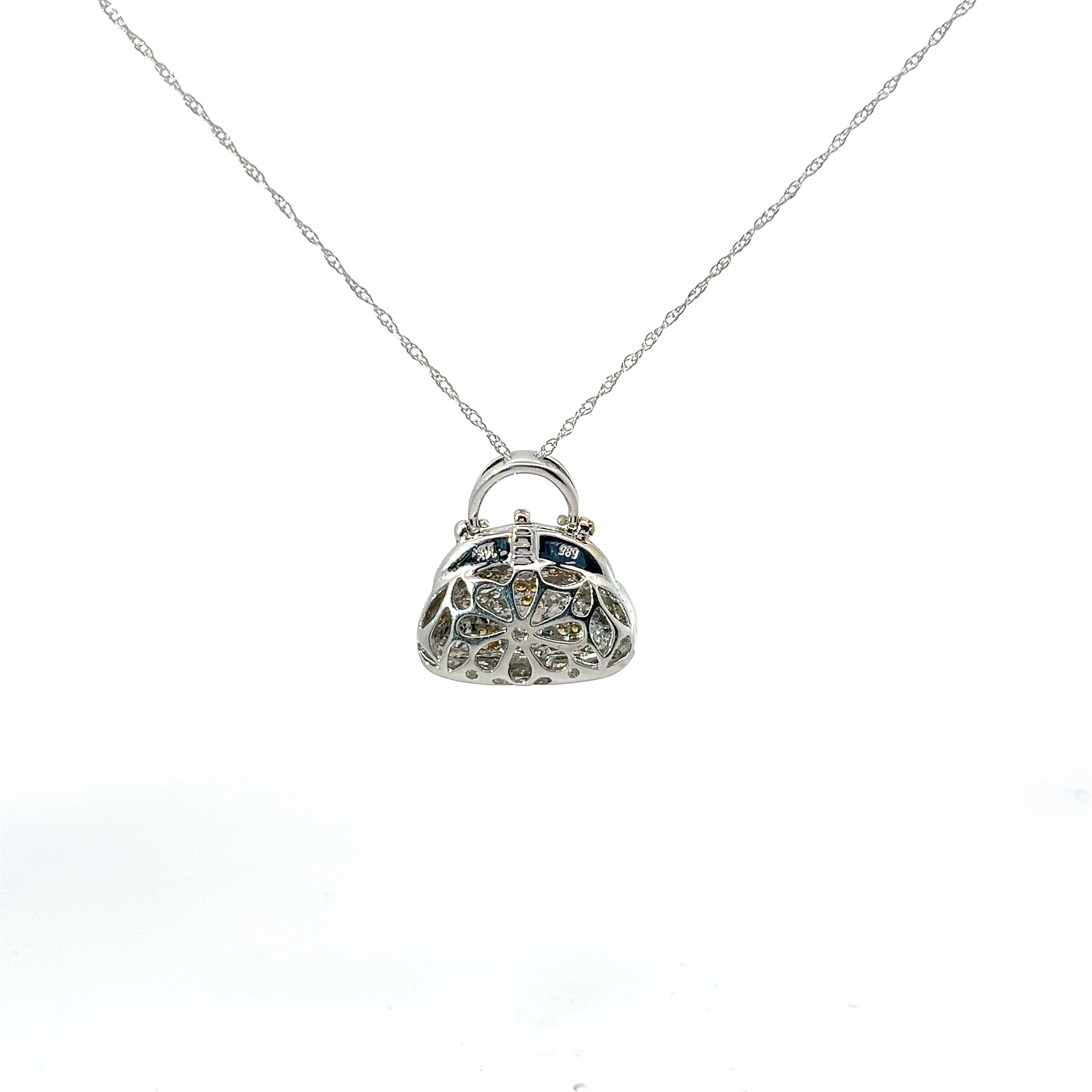 14k White Gold .29ct G SI1 Round Diamond and .20ct Yellow Diamond Purse Necklace