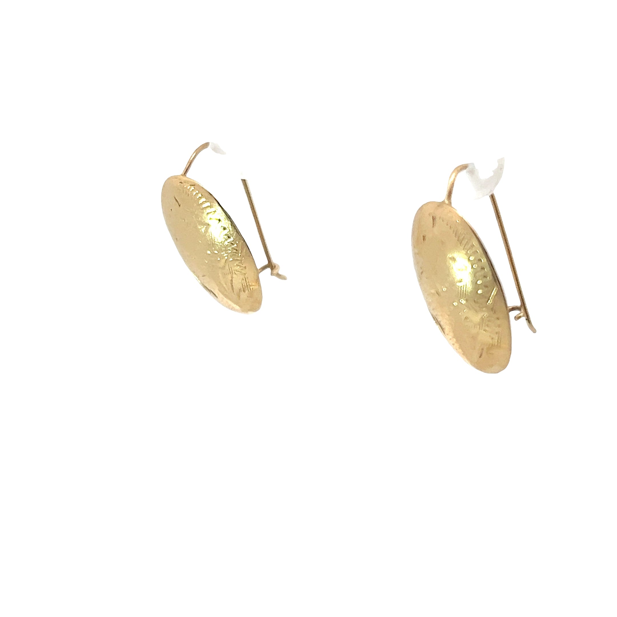 14k Yellow Gold Domed Oval Floral Engraved French Hook Earrings 2 Gram 3/4" x 1/2"