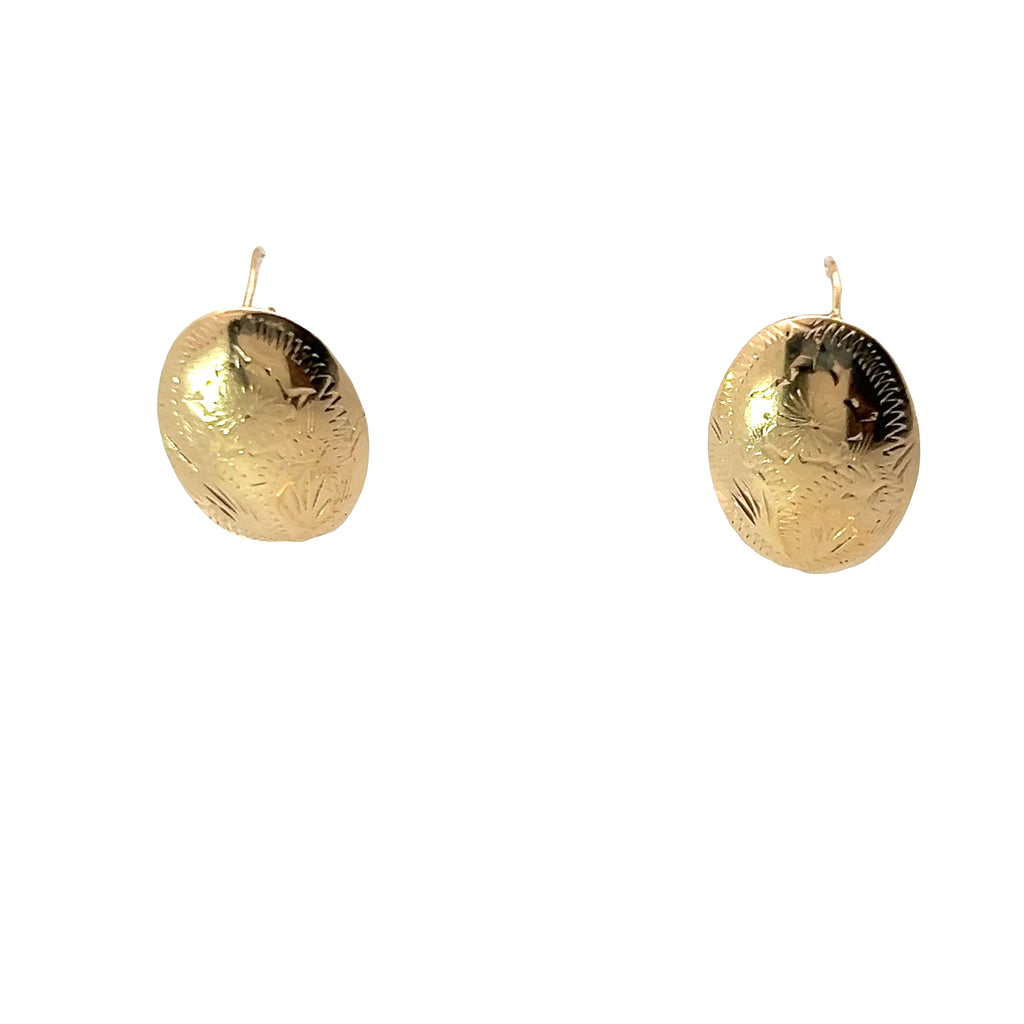 14k Yellow Gold Domed Oval Floral Engraved French Hook Earrings 2 Gram 3/4" x 1/2"