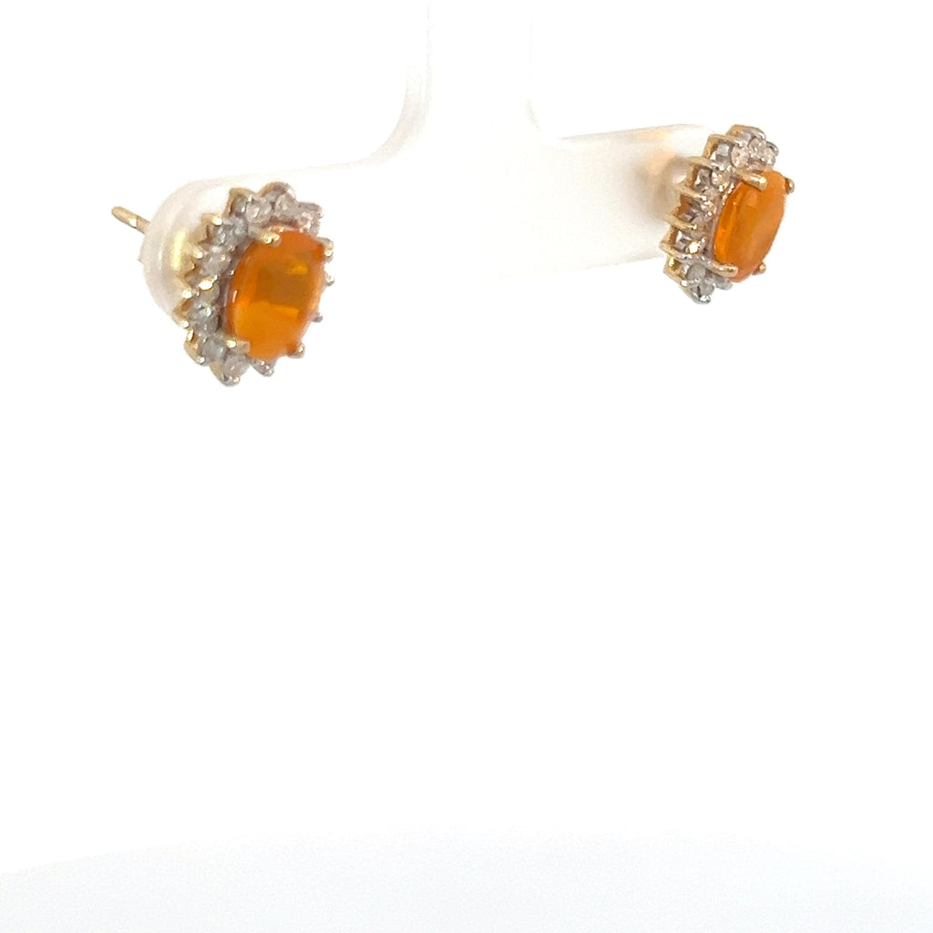 14k Yellow Gold 1.50ct Oval Mexican Opal / .30ct G SI1 Round Diamond Stud Earrings