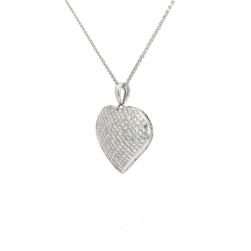18k White Gold 4.00ct F VS2 Domed Princess Cut Invisible Set 1" Heart Pendant