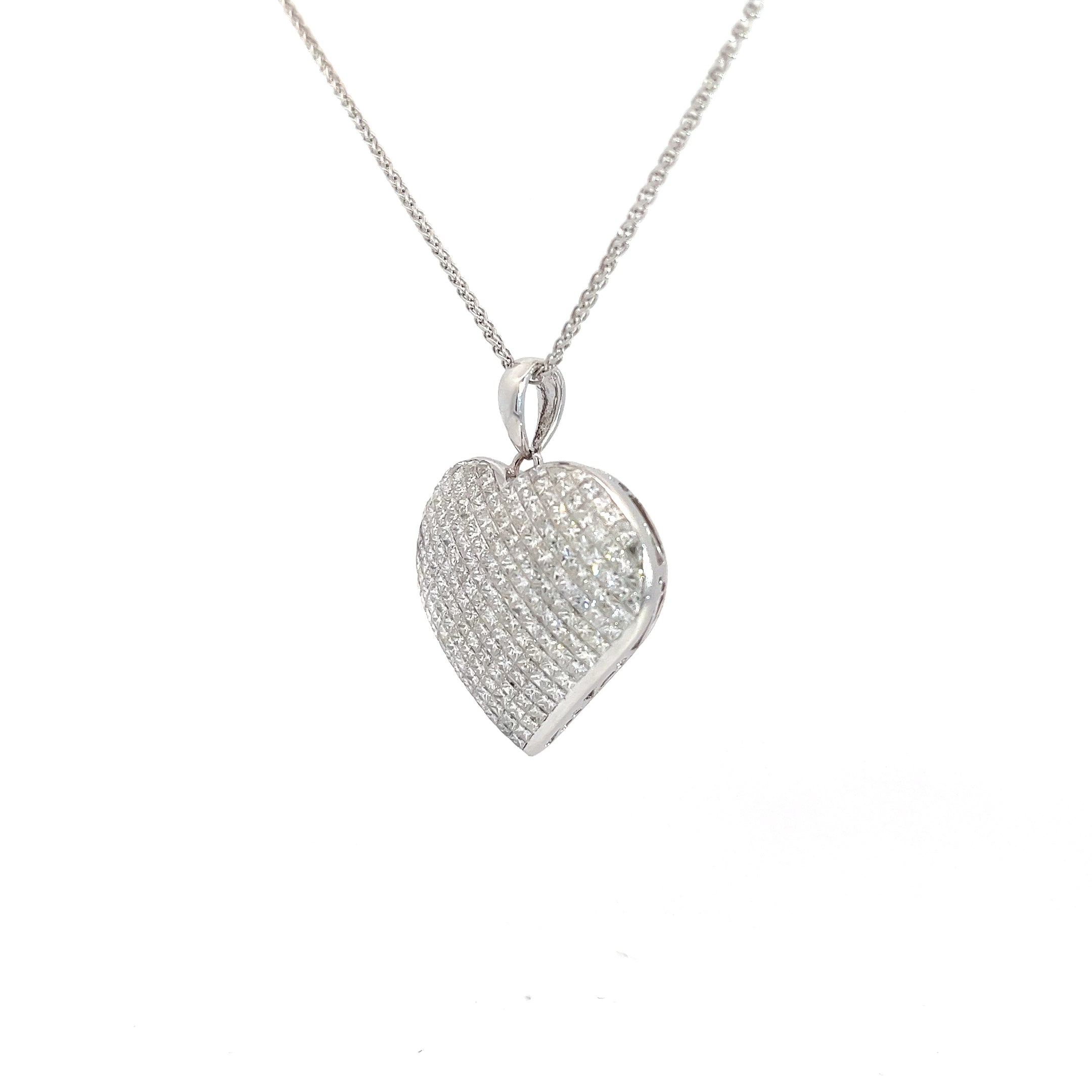 18k White Gold 4.00ct F VS2 Domed Princess Cut Invisible Set 1" Heart Pendant