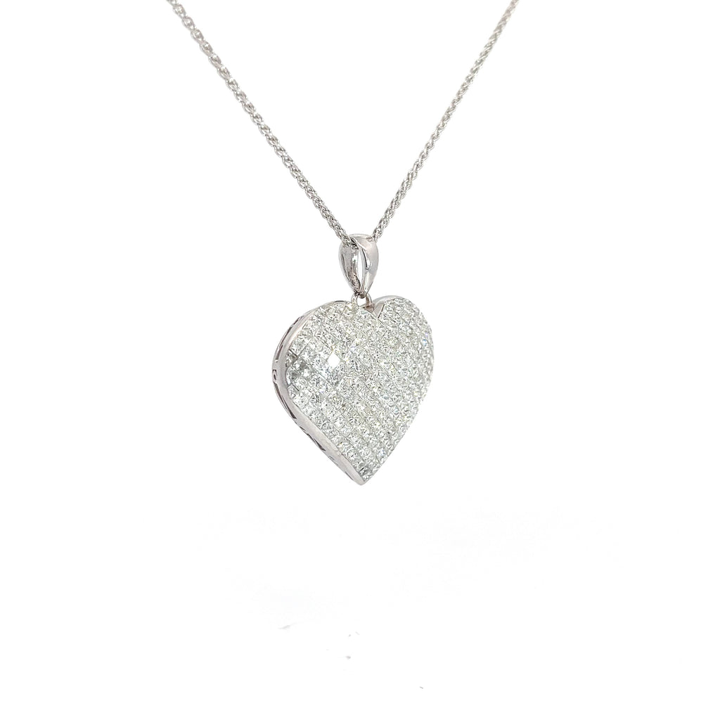 18k White Gold 4.00ct F VS2 Domed Princess Cut Invisible Set 1" Heart Pendant