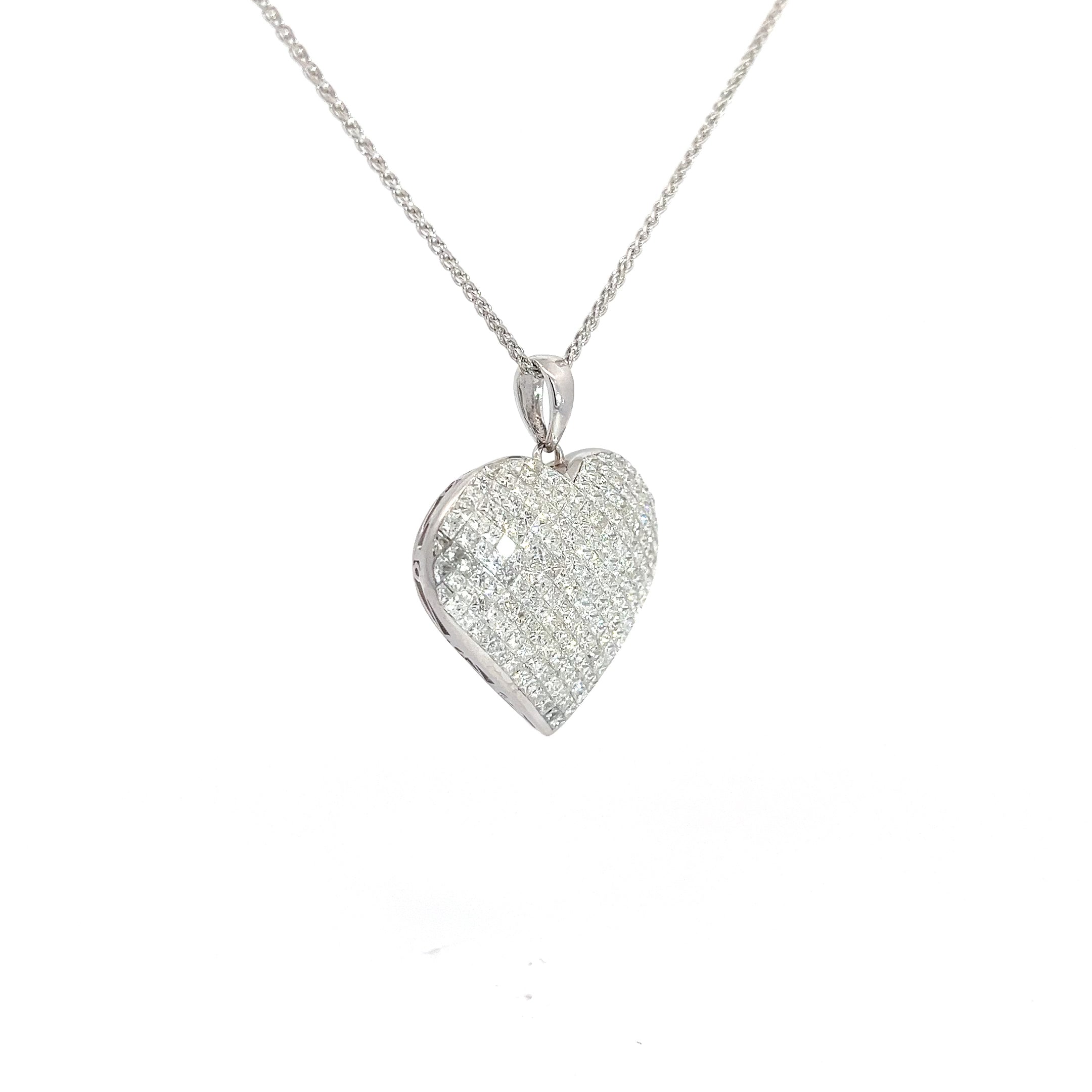 18k White Gold 4.00ct F VS2 Domed Princess Cut Invisible Set 1" Heart Pendant