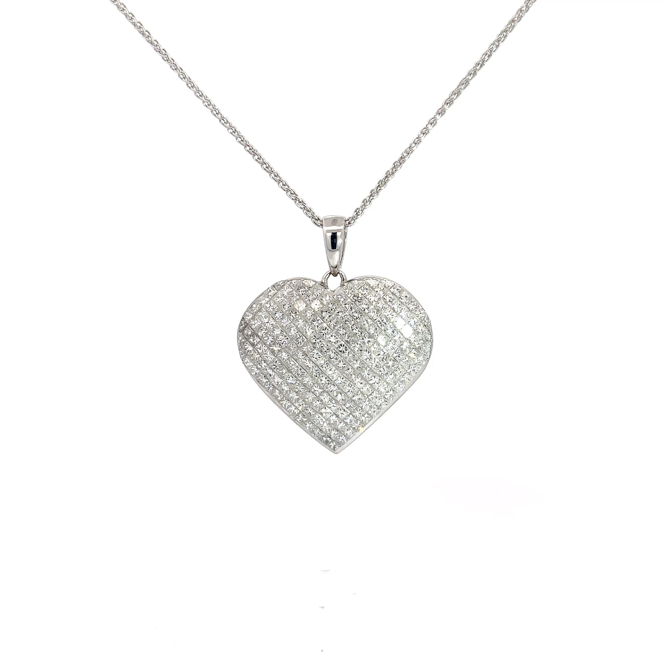 18k White Gold 4.00ct F VS2 Domed Princess Cut Invisible Set 1" Heart Pendant