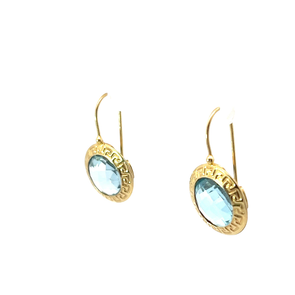 14k Yellow Gold Checkered Cut Blue Topaz Versace Style Earrings 5.5 Gram 10mm