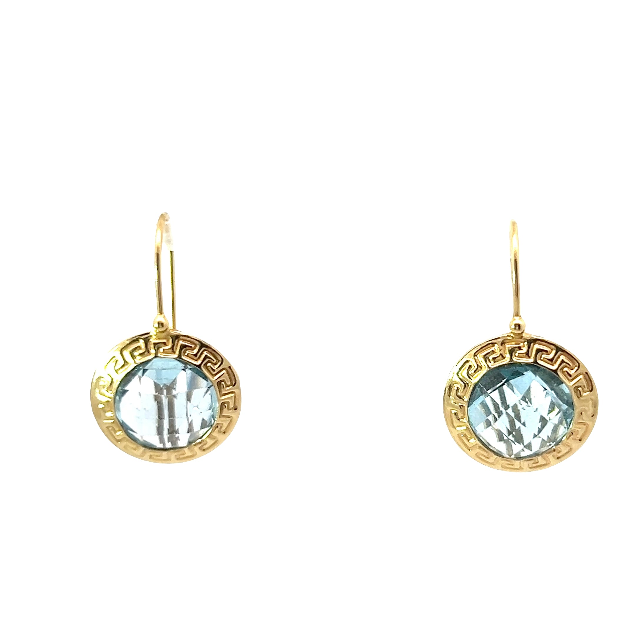 14k Yellow Gold Checkered Cut Blue Topaz Versace Style Earrings 5.5 Gram 10mm