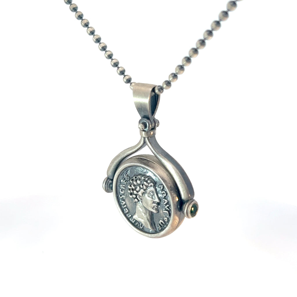 Sterling Silver 19.9 gram Beaded Necklace / One side Coin and the side Blue Enamel Pendant