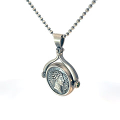 Sterling Silver 19.9 gram Beaded Necklace / One side Coin and the side Blue Enamel Pendant