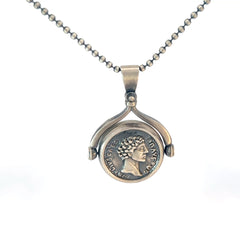 Sterling Silver 19.9 gram Beaded Necklace / One side Coin and the side Blue Enamel Pendant