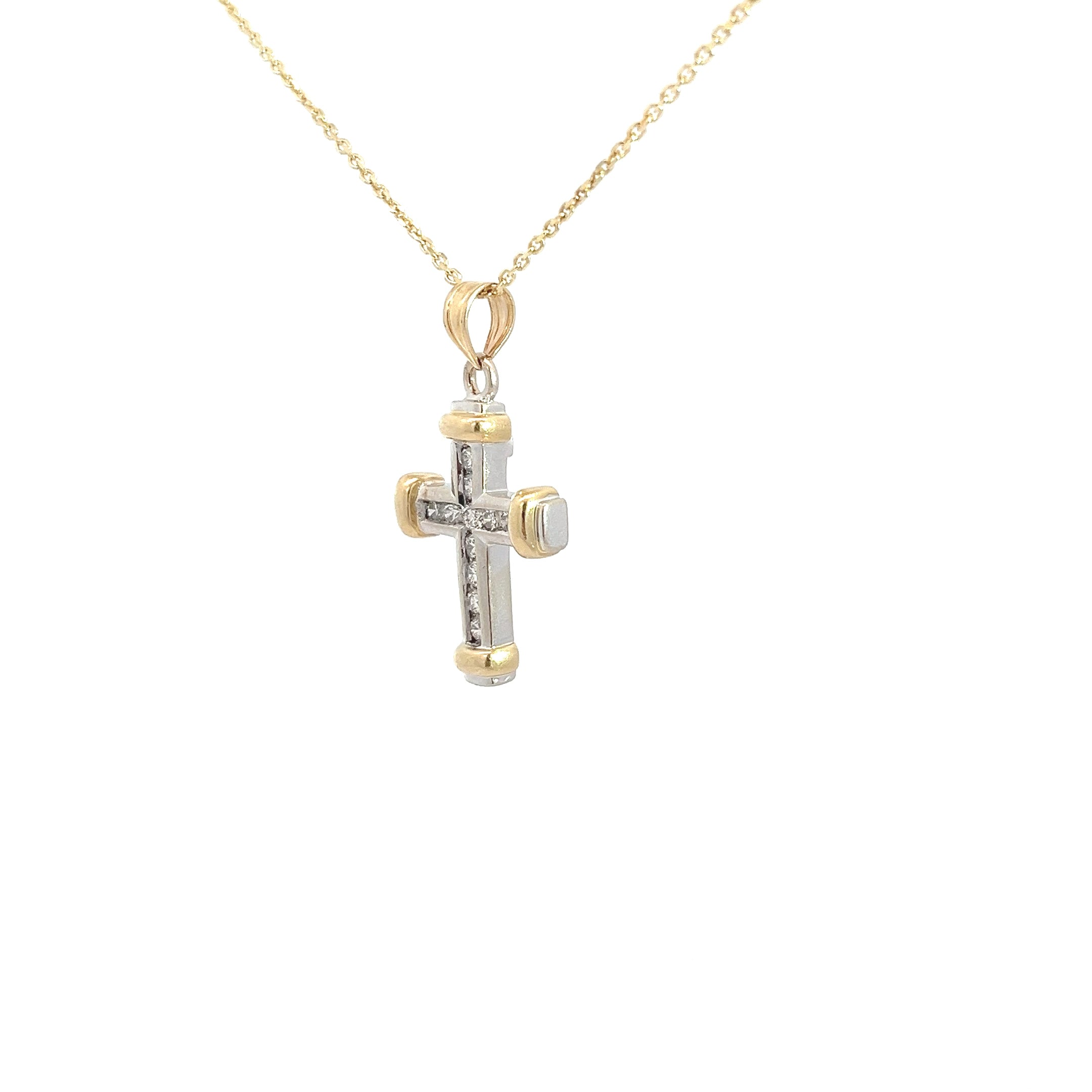 14K Two Tone .30ct G SI1 Round Diamond Cross Pendant