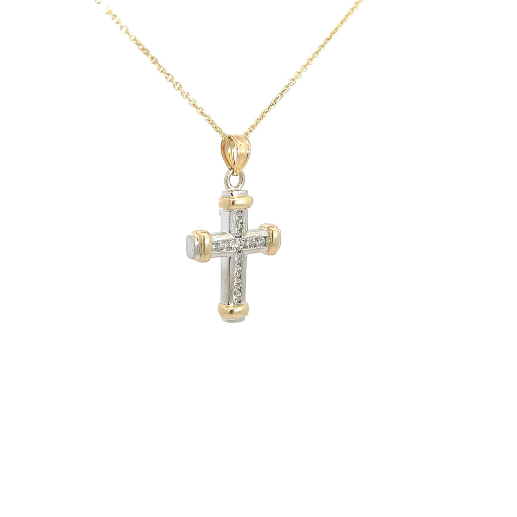 14K Two Tone .30ct G SI1 Round Diamond Cross Pendant