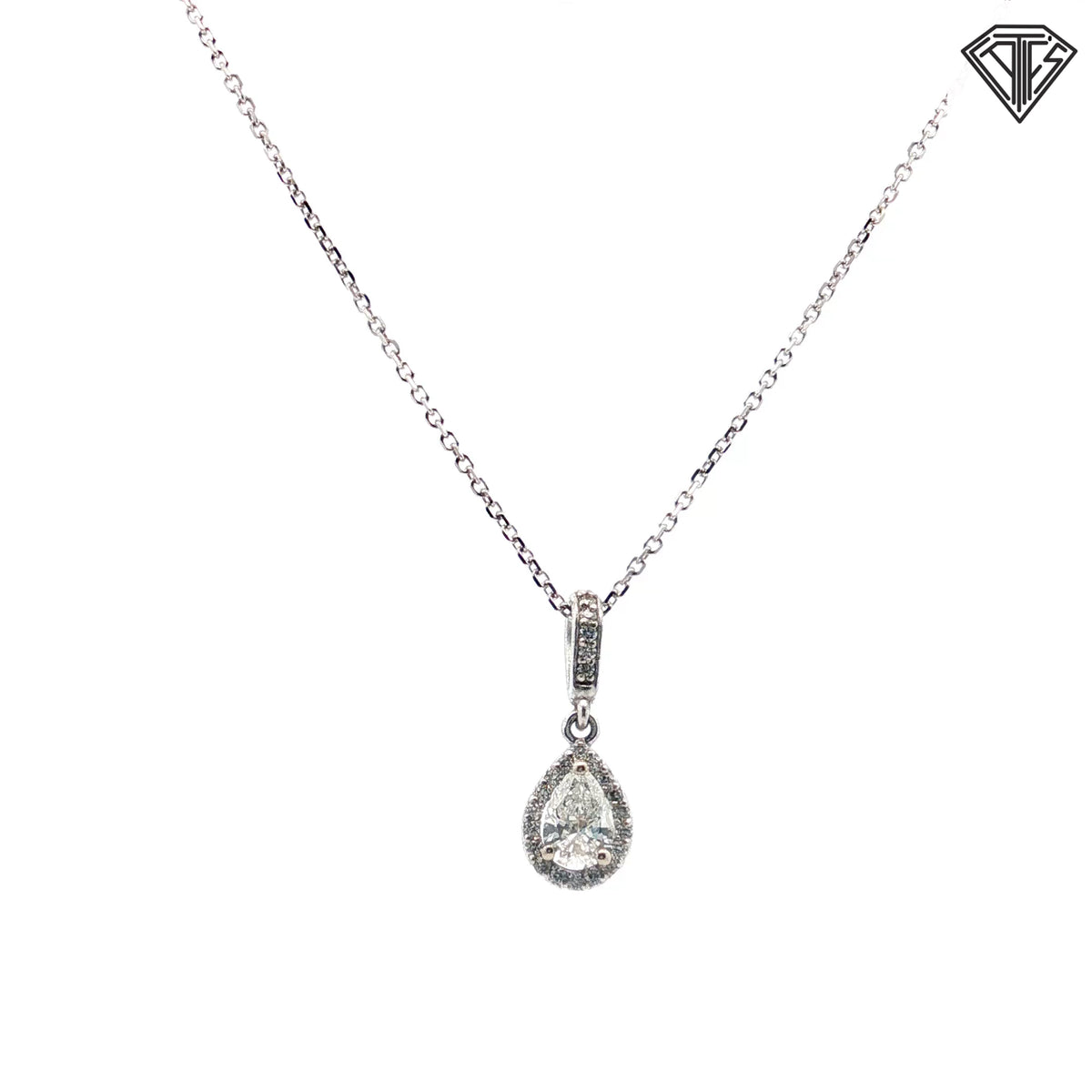 14k White Gold .50ct H SI2 Pear Shape Diamond/ .15ct SI2 Round Diamond Halo Solitaire Pendant 18"inch
