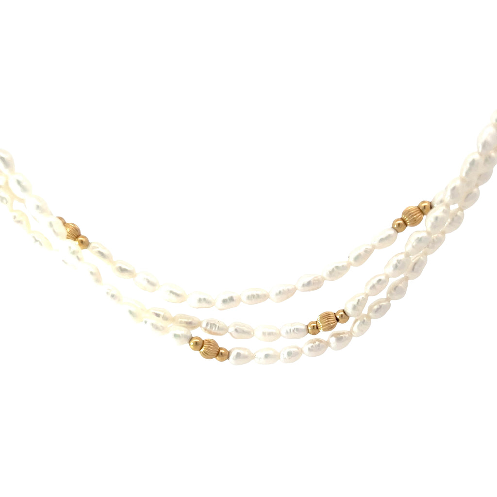 14k Yellow Gold (3) Strand Fresh Water Baroque Pearl Beaded Necklace and Bracelet Set
