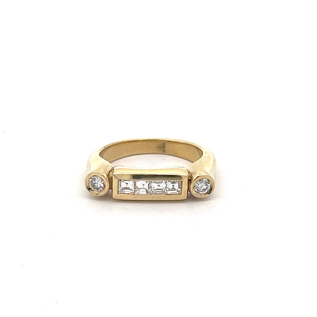 14k Yellow Gold .65ct E VS1 Princess Cut and Round Total Weight of Diamond Ring Design By German Designer