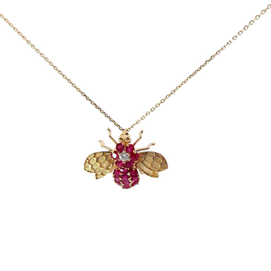 14k Yellow Gold  2ct  Burma Ruby and .15ct  F VS2 Diamond Bee Pendant Vintage