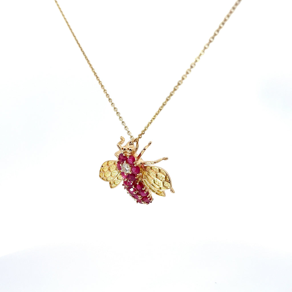 14k Yellow Gold  2ct  Burma Ruby and .15ct  F VS2 Diamond Bee Pendant Vintage