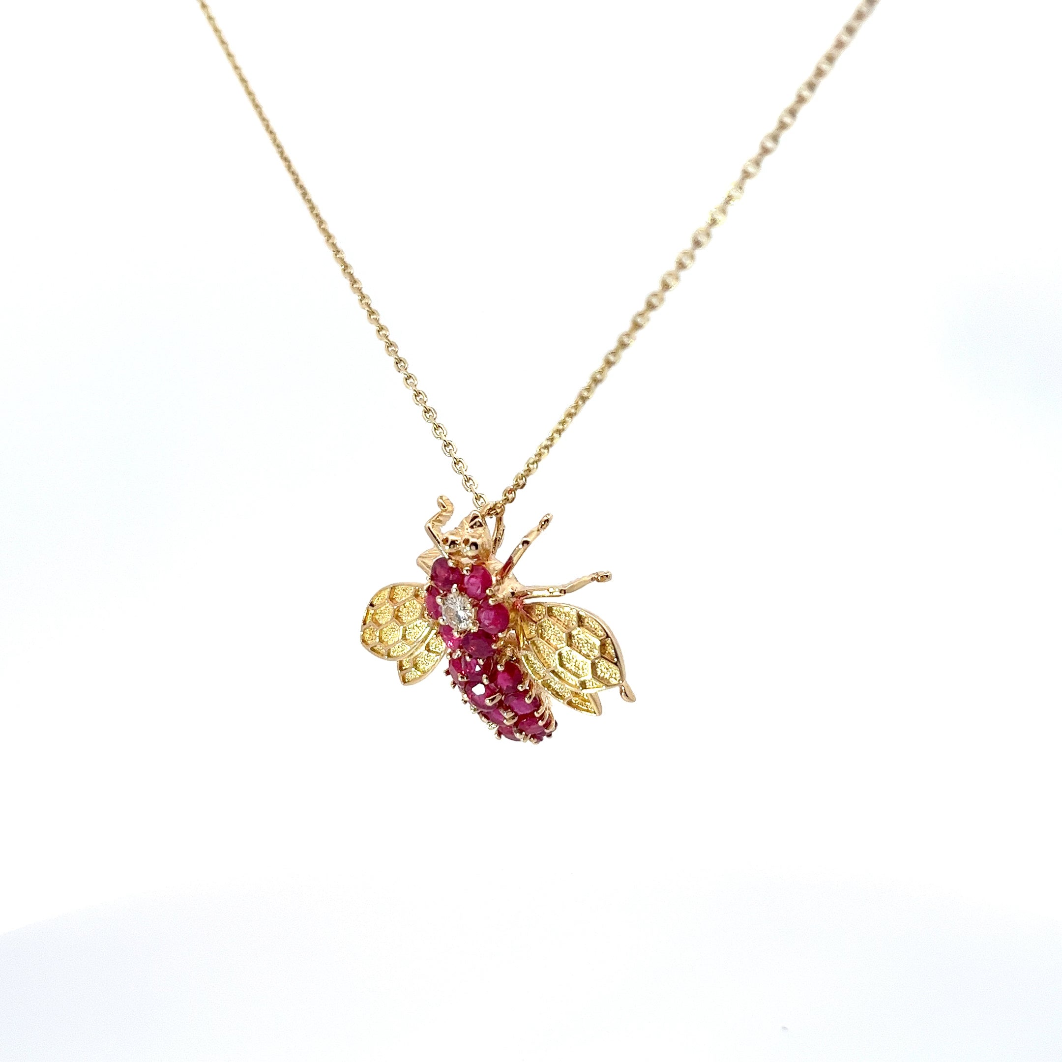 14k Yellow Gold  2ct  Burma Ruby and .15ct  F VS2 Diamond Bee Pendant Vintage