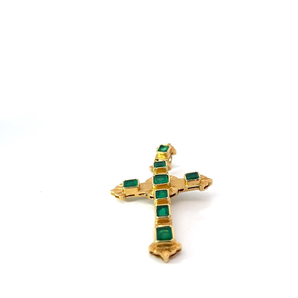 18k Yellow Gold 3.50 Princess Cut and Emerald Shape Natural Colombian Emerald Bezel Set Cross Pendant 2 x 1"