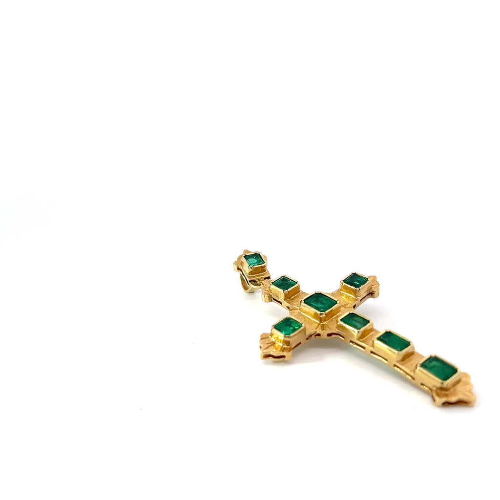 18k Yellow Gold 3.50 Princess Cut and Emerald Shape Natural Colombian Emerald Bezel Set Cross Pendant 2 x 1"