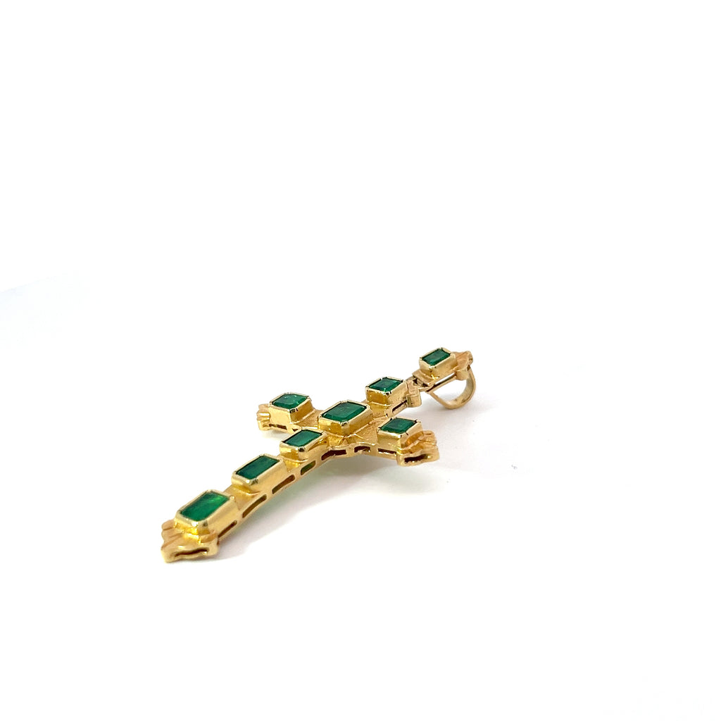 18k Yellow Gold 3.50 Princess Cut and Emerald Shape Natural Colombian Emerald Bezel Set Cross Pendant 2 x 1"