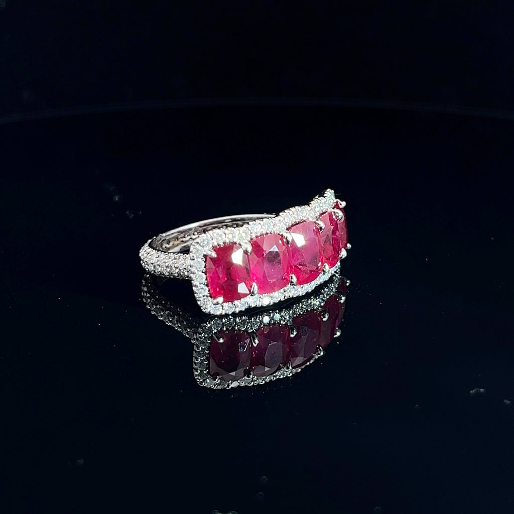 Platinum 6.00ct Cushion Pigeon Blood Ruby Burma/ 3.00ct E VVS2 Round Micro Pave Diamond Ring Size 6.5 Certified By GIA # 6237487426