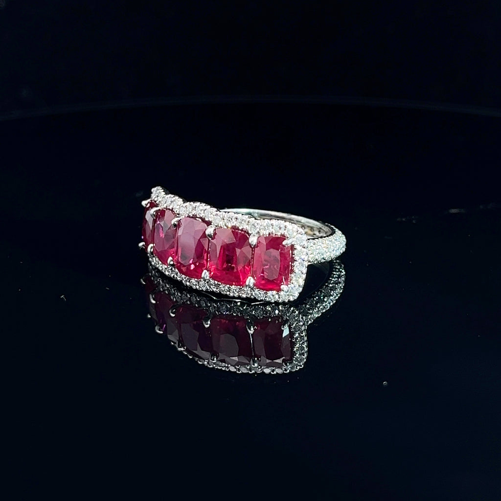 Platinum 6.00ct Cushion Pigeon Blood Ruby Burma/ 3.00ct E VVS2 Round Micro Pave Diamond Ring Size 6.5 Certified By GIA # 6237487426