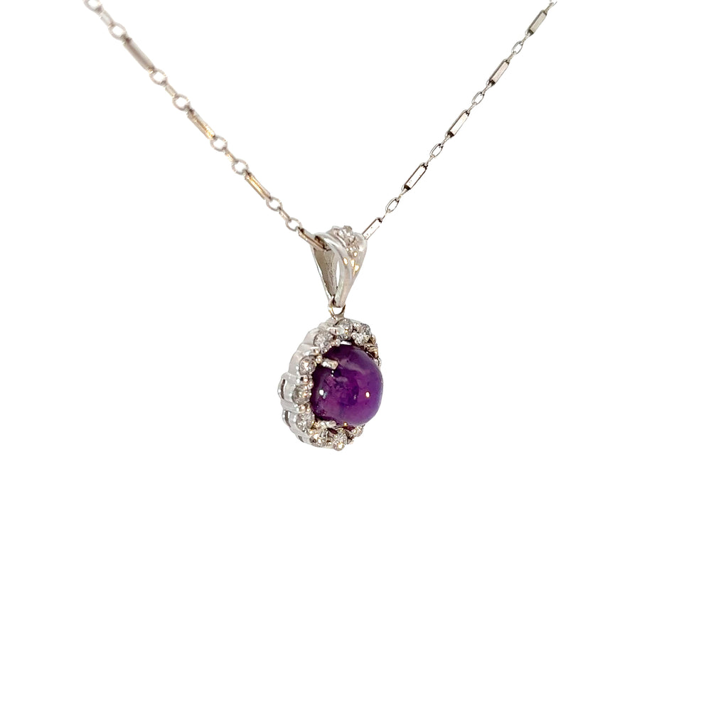 18k White Gold Vintage 7.90ct Double Cabochon Pinkish Purple Natural Star Sapphire/ .85ct H SI1 Round Diamond Certified by GIA #2235106127