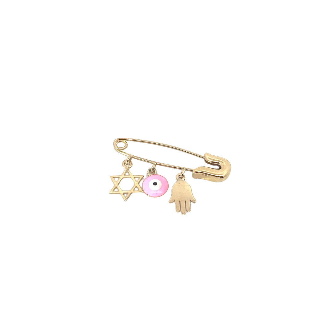 14k Yellow Gold 1.30 Gram Baby Pin with Pink Evil Eye, Star of David and Khamsa