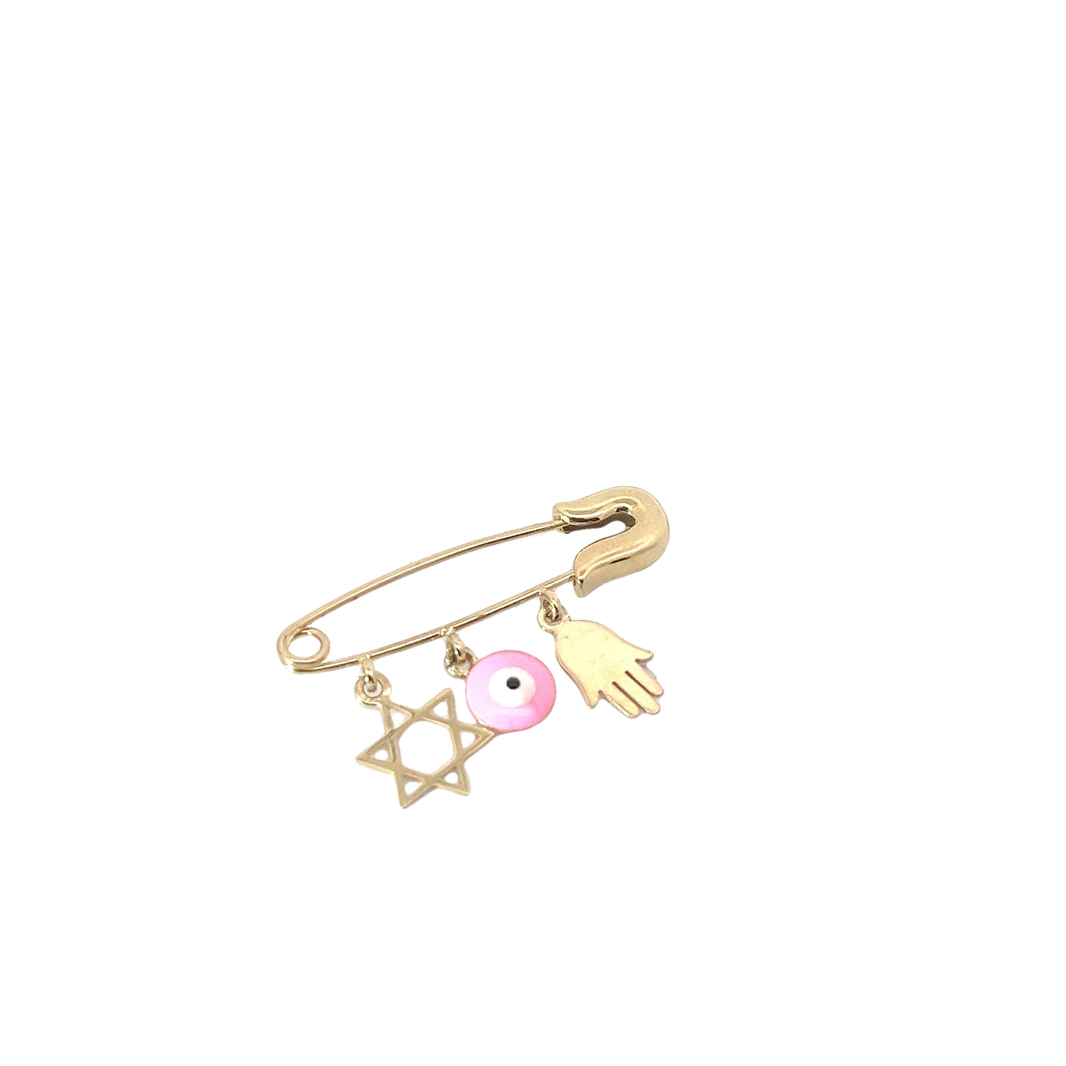14k Yellow Gold 1.30 Gram Baby Pin with Pink Evil Eye, Star of David and Khamsa