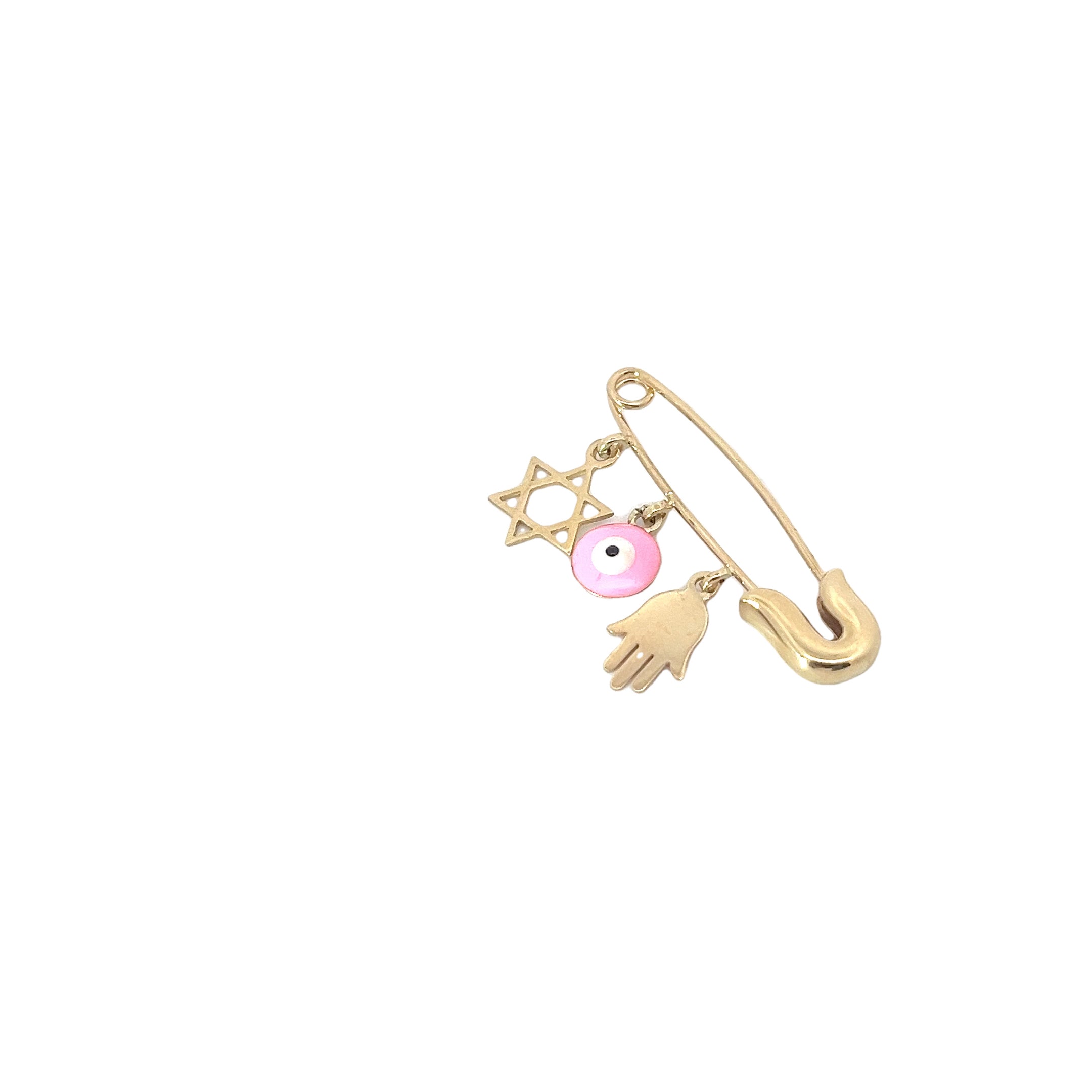 14k Yellow Gold 1.30 Gram Baby Pin with Pink Evil Eye, Star of David and Khamsa