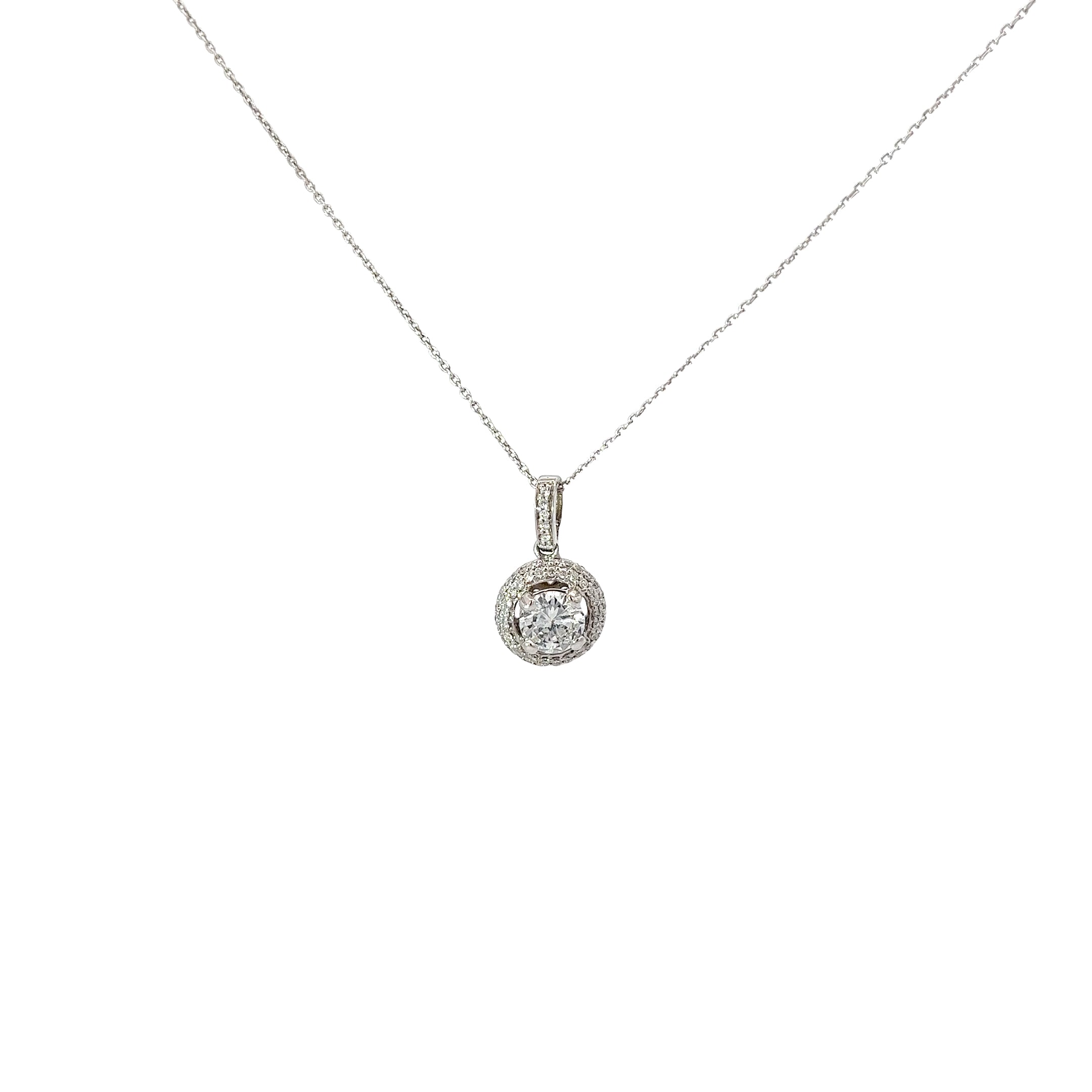 18k White Gold .61ct Center Round Diamond and along Halo .32ct G VS2 Round Diamond Solitaire Necklace